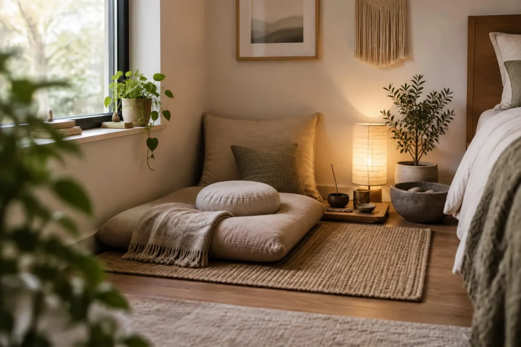 Espace de méditation chez soi : un angle de pièce et un rituel de seuil suffisent à tout changer