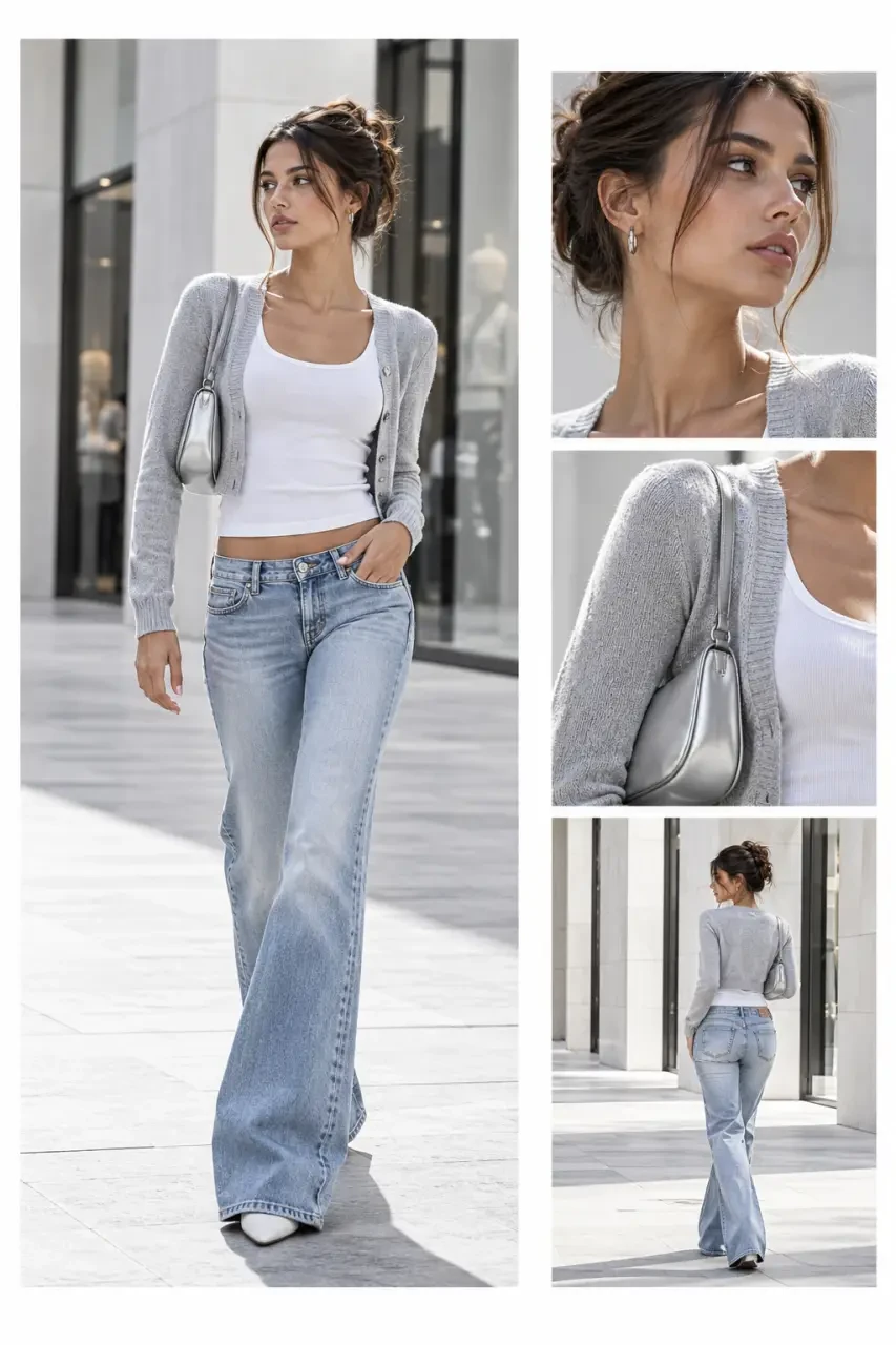 Look de mode année 2000 femme avec jean évasé, débardeur blanc et sac baguette