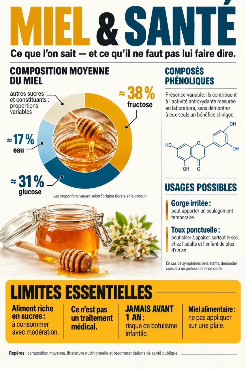 Infographie miel santé : composition, usages pour la gorge et principales précautions