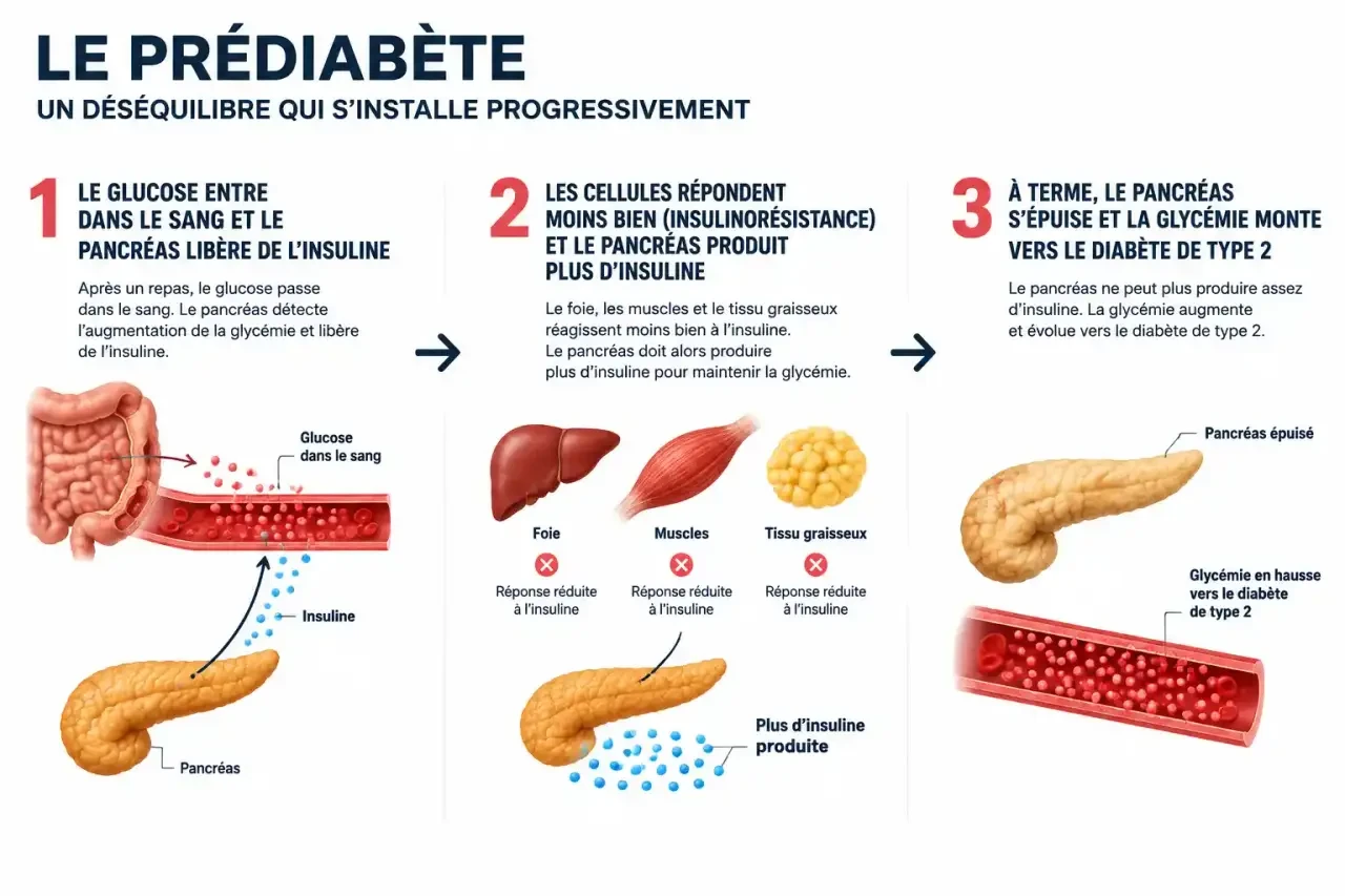 Schéma du mécanisme du pré diabète : insulinorésistance et épuisement progressif du pancréas