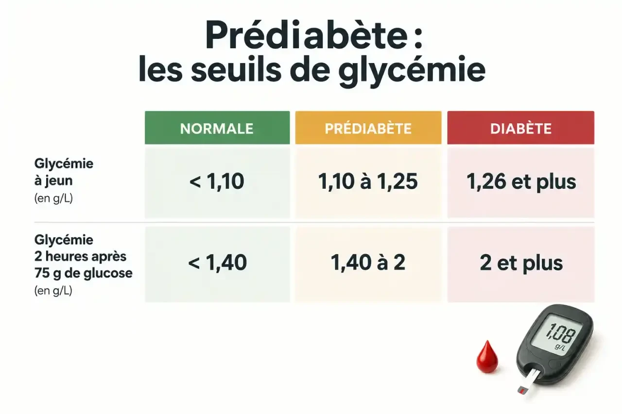 Infographie des seuils de glycémie pour comprendre le pré diabète : valeurs normales, prédiabète et diabète en g/L