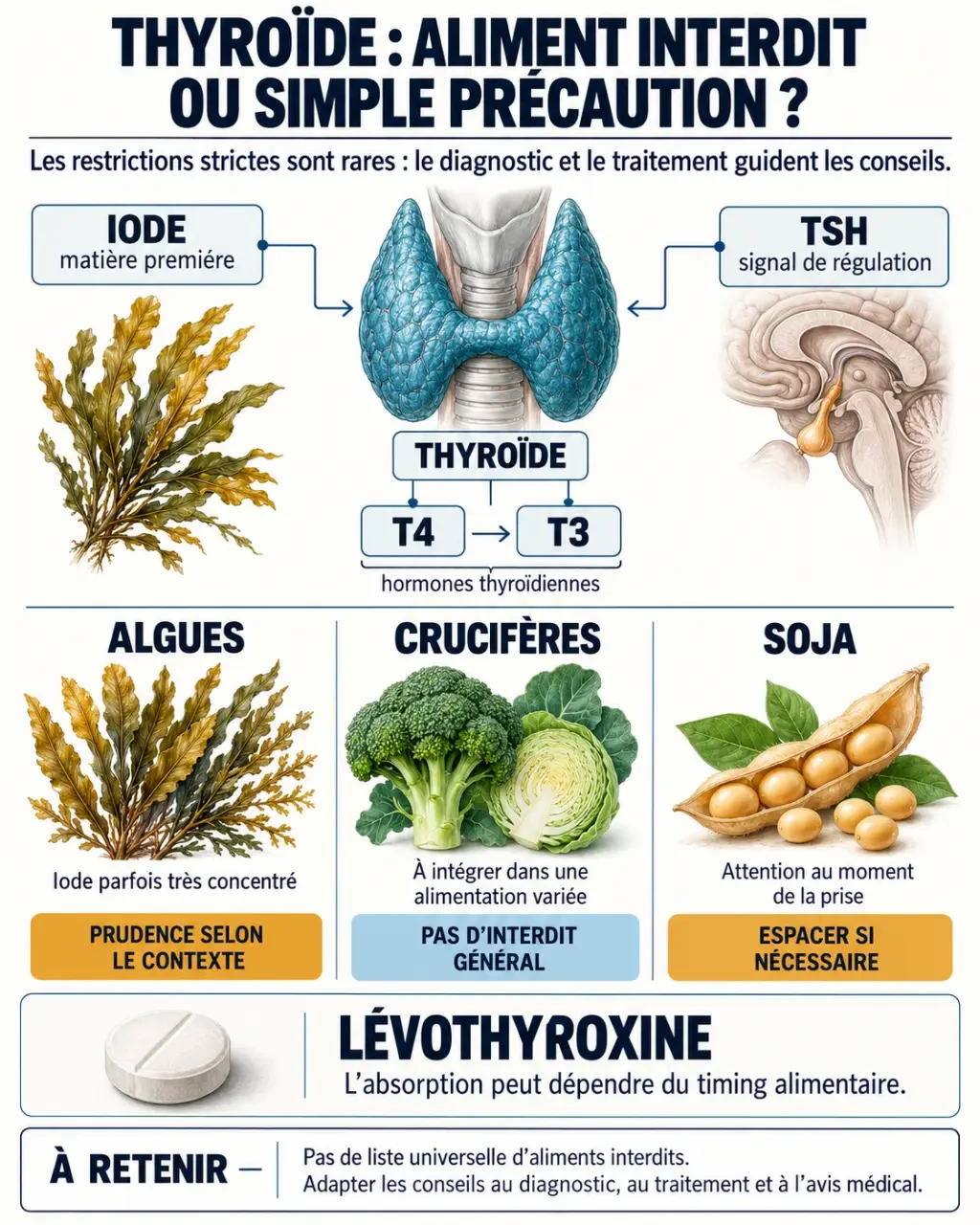 Thyroïde aliment interdit : schéma des précautions liées à l’iode, aux algues, au soja et à la lévothyroxine