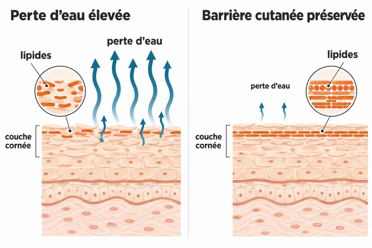 Schéma pédagogique de la barrière cutanée fragilisée dans la xérose cutanée