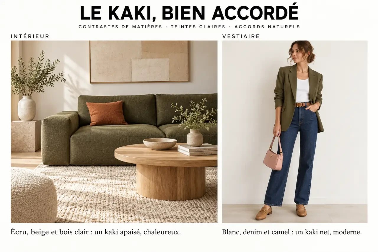 Idée kaki couleur accord en décoration et en mode avec écru, camel et terracotta