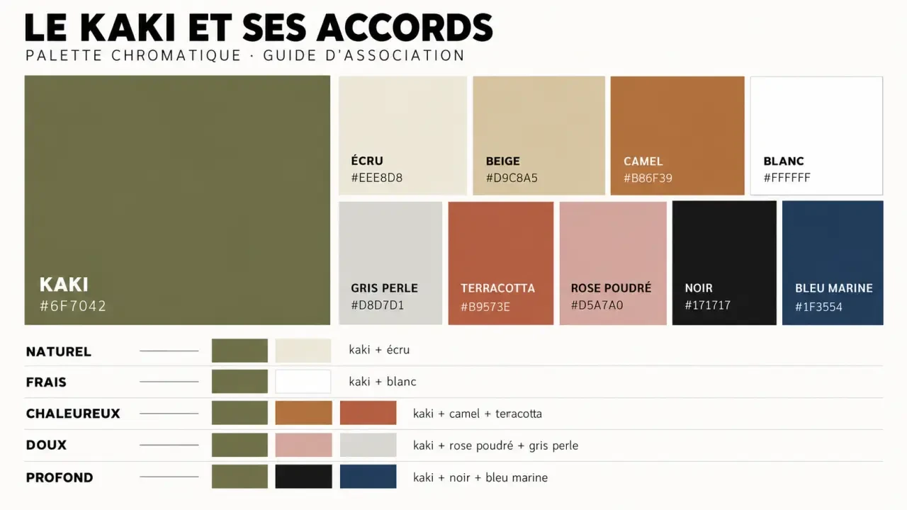 Idée kaki couleur accord : palette de couleurs et effets associés