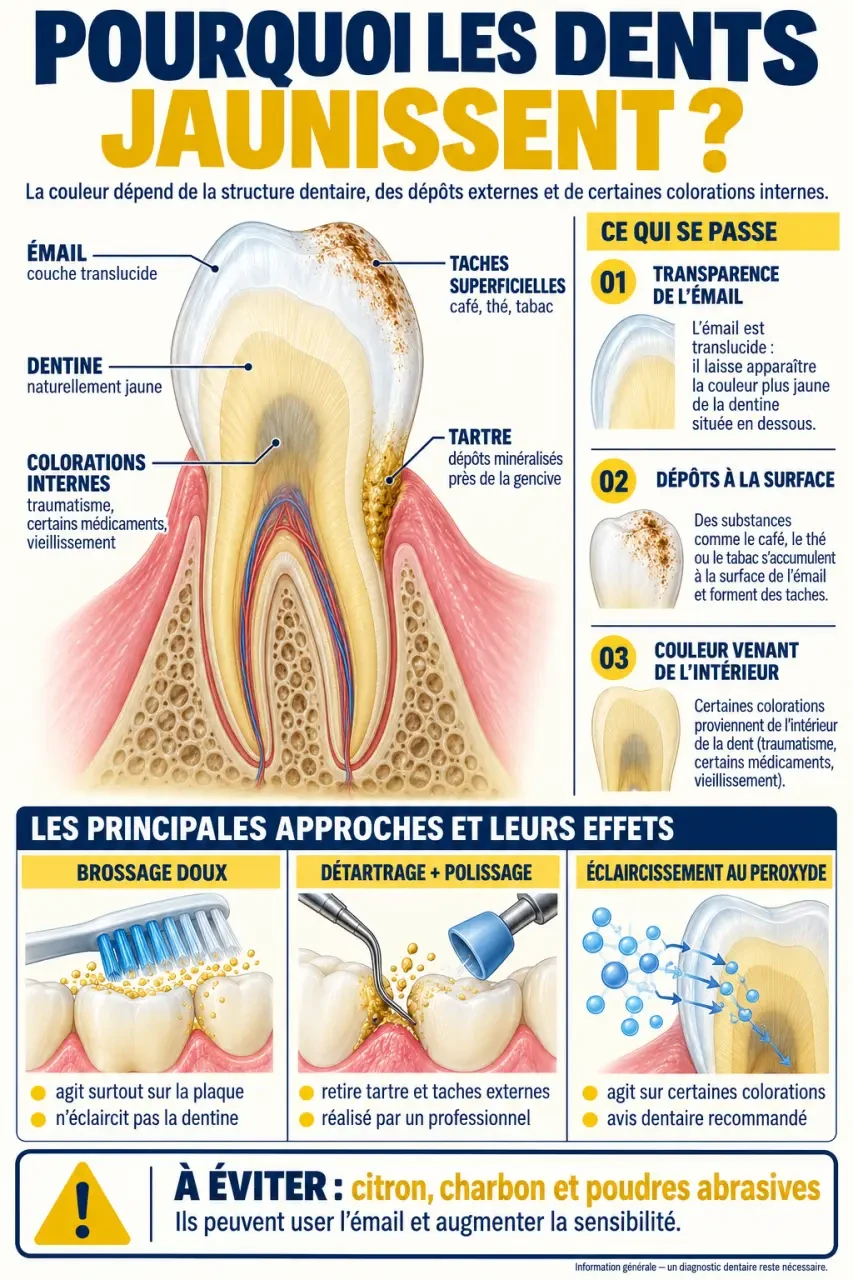 Infographie d’astuce blanchiment des dents distinguant l’émail, la dentine, les taches superficielles et le tartre