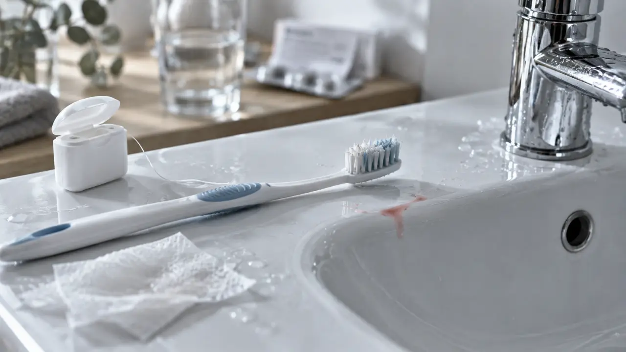 Goût de fer dans la bouche, brosse à dents et fil dentaire près d’un verre d’eau