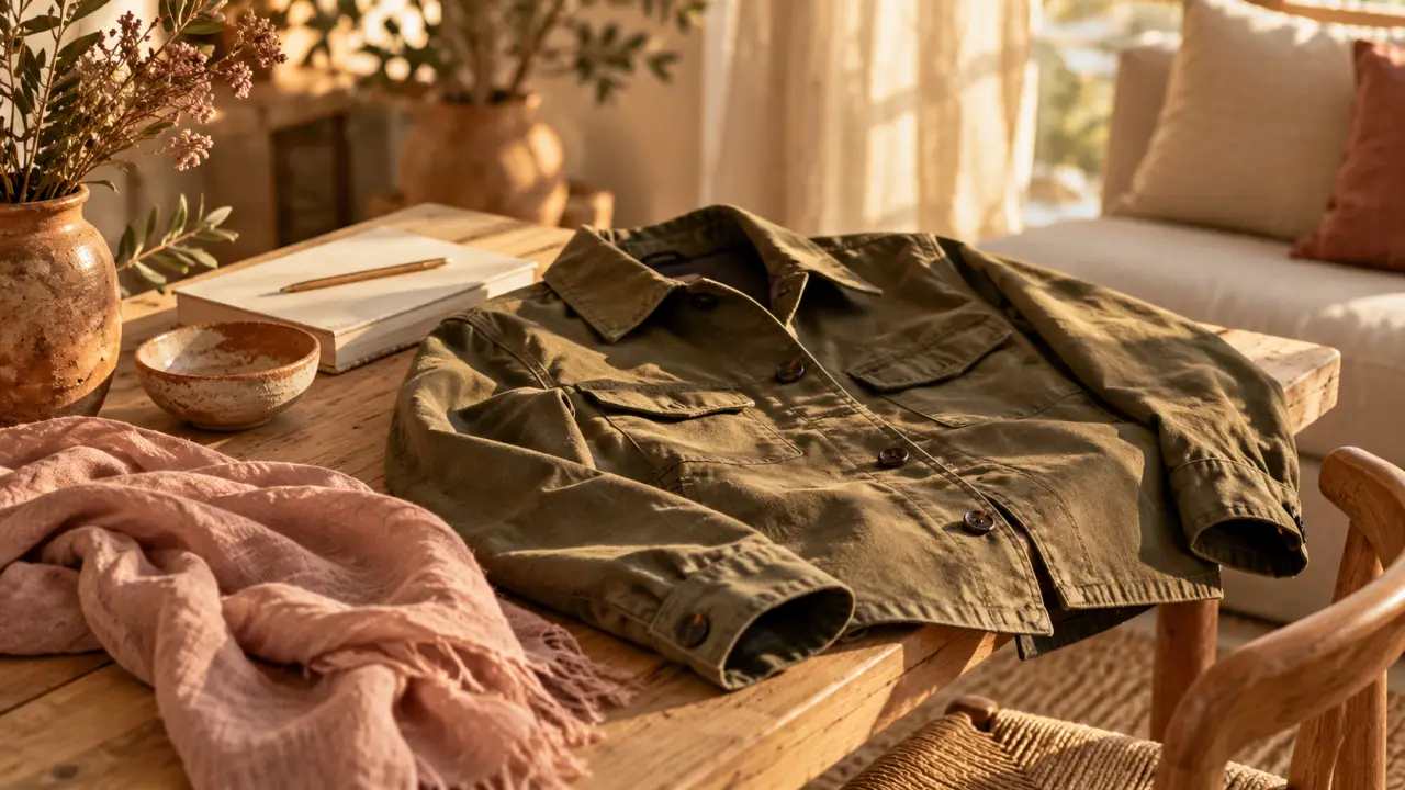 Idée kaki couleur accord : veste kaki olive, écru, terracotta et rose poudré