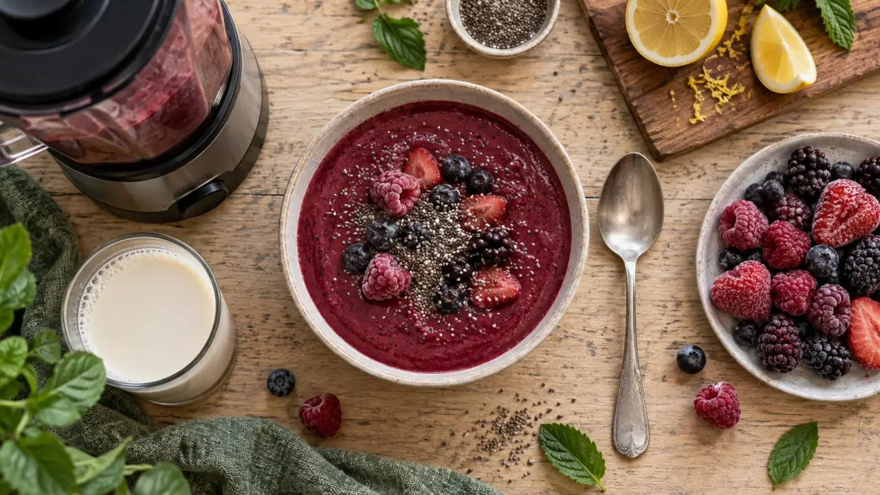 Smoothie minceur fruits rouges et chia, bol et blender sur table